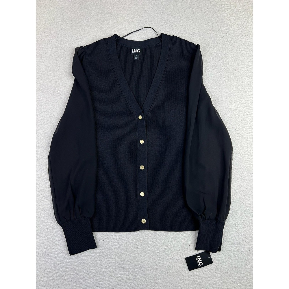 INC International Concepts Cardigan Sweater Womens Small Black Sheer Puff Sleeve